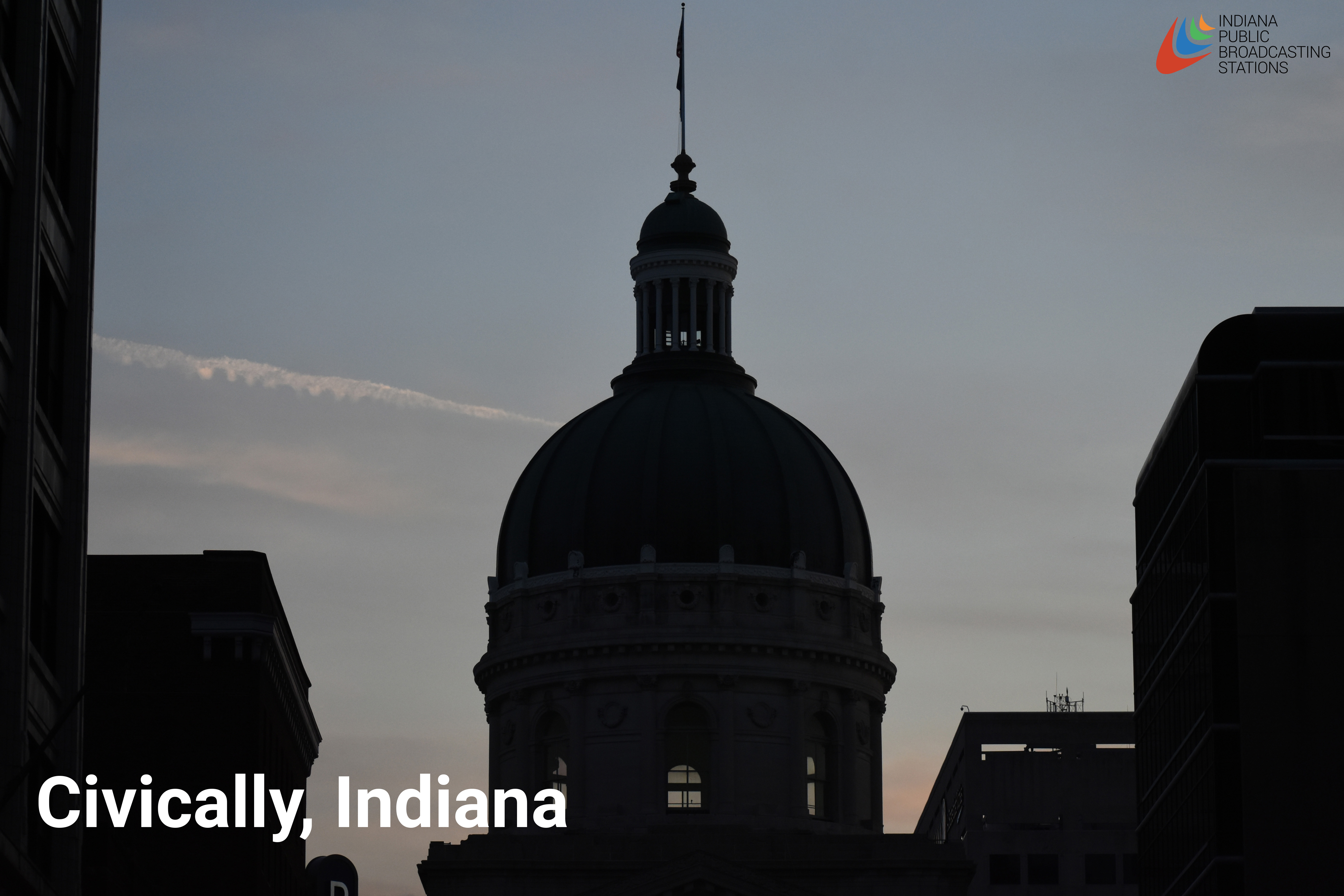 A sillohuette of the Indiana Statehouse with the words 'Civically, Indiana' written in the foreground in white letters.